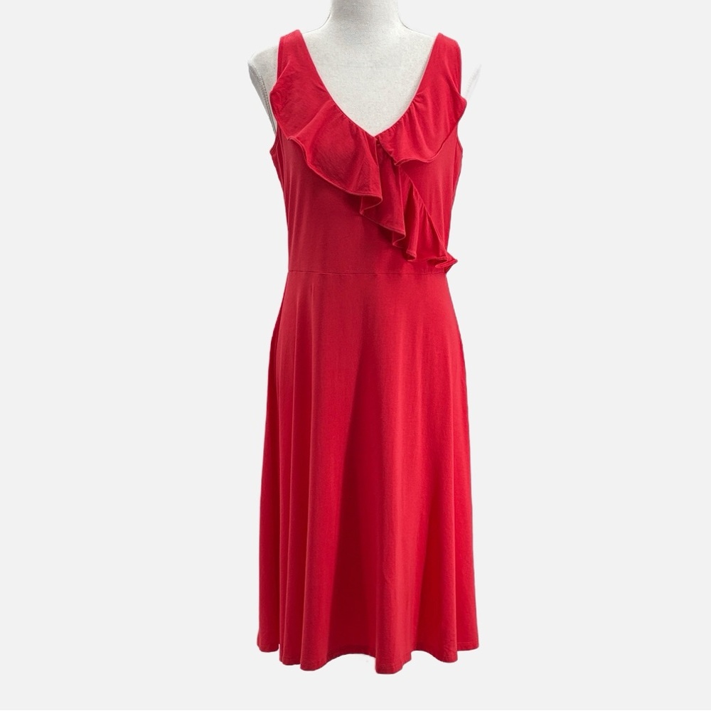Garnet Hill Jersey Knit Sleeveless Ruffle Neck Dress in Red - Size Small